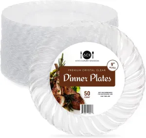Aya's Cutlery Kingdom 50 Clear Plastic Plates 9" - Heavy-Duty Round Disposable Plates for Parties, Events, and Weddings - Elegant, Durable Clear Dinner Plate for Serving Food and for Easy Cleanup