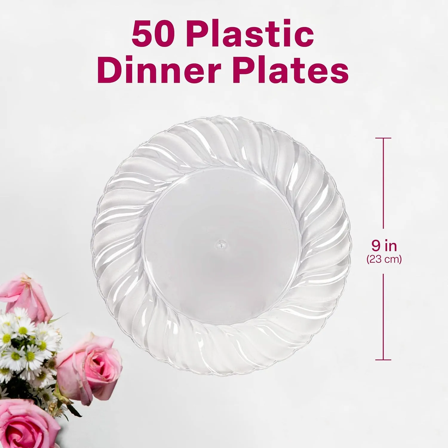 Aya's Cutlery Kingdom 50 Clear Plastic Plates 9" - Heavy-Duty Round Disposable Plates for Parties, Events, and Weddings - Elegant, Durable Clear Dinner Plate for Serving Food and for Easy Cleanup