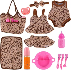 BABESIDE 11-Piece Baby Doll Clothes & Accessories for 10-12 Inch Dolls - Feeding Set with Carry Bag, Bottles, Tableware, Outfits for Newborn Girl (Leopard Pattern)