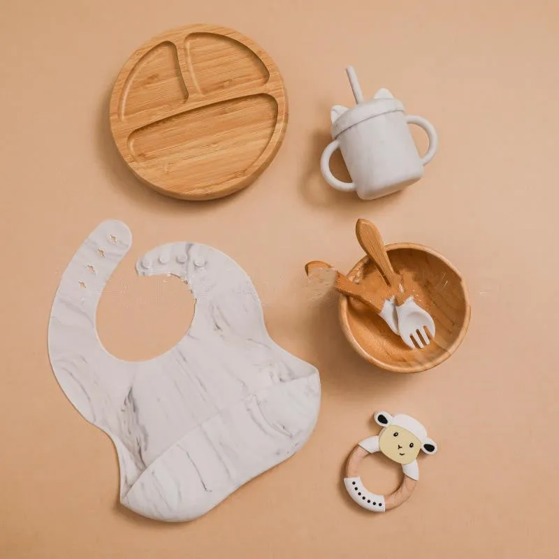 Baby's Complementary Food Tableware Silicone Bib Dinner Plate Straw Cup Fork Spoon Set