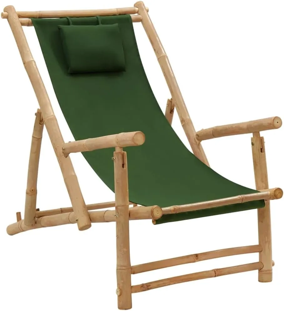 Bamboo Deck Chair Green Outdoor Lounge Chair Height Adjustable Patio Chairs Folding Beach Chair for Garden, Terrace, Relaxation with Armrests