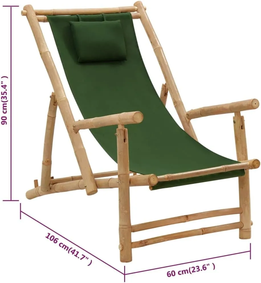 Bamboo Deck Chair Green Outdoor Lounge Chair Height Adjustable Patio Chairs Folding Beach Chair for Garden, Terrace, Relaxation with Armrests