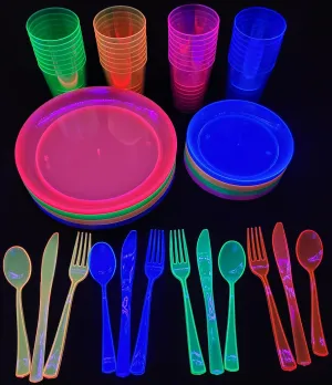 BarkinByrd 192 Piece Neon Black Light Party Service Set Serves 32 Guests with 32 9 Plates 32 6 plates 32 10 oz Cups 32 Deluxe Heavy Duty Forks Knives and Spoons Black Light UV Glow in The Dark Parties