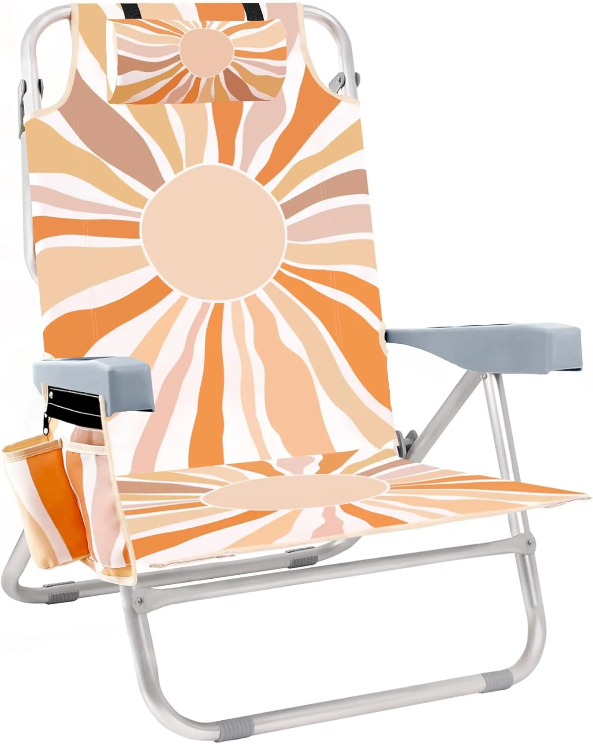 Beach Chair, Folding Backpack Beach Chair for Adults with Cooler, Cup Holder, Towel Bar & Storage Pouch, Portable Lay Flat Low Camp Lounger for Camping, Trips, Lawn, Festivals, Outdoor - Sun Burst