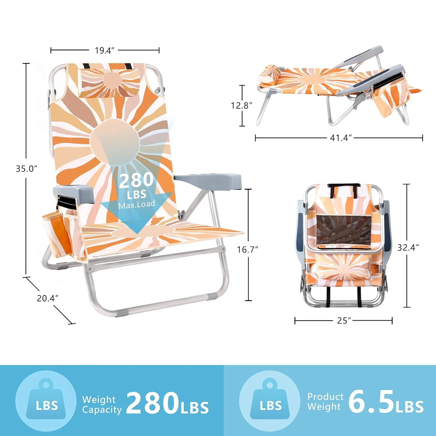 Beach Chair, Folding Backpack Beach Chair for Adults with Cooler, Cup Holder, Towel Bar & Storage Pouch, Portable Lay Flat Low Camp Lounger for Camping, Trips, Lawn, Festivals, Outdoor - Sun Burst
