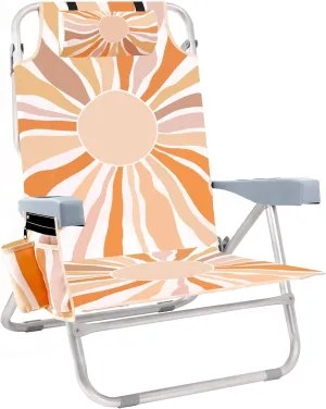 Beach Chair, Folding Backpack Beach Chair for Adults with Cooler, Cup Holder, Towel Bar & Storage Pouch, Portable Lay Flat Low Camp Lounger for Camping, Trips, Lawn, Festivals, Outdoor - Sun Burst