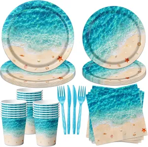 Beach Party Supplies, 144Pcs Ocean Waves Birthday Party Supplies Tableware Set Summer Pool party Decorations Ocean Plates and Napkins and Cups for Hawaiian Birthday Decorations