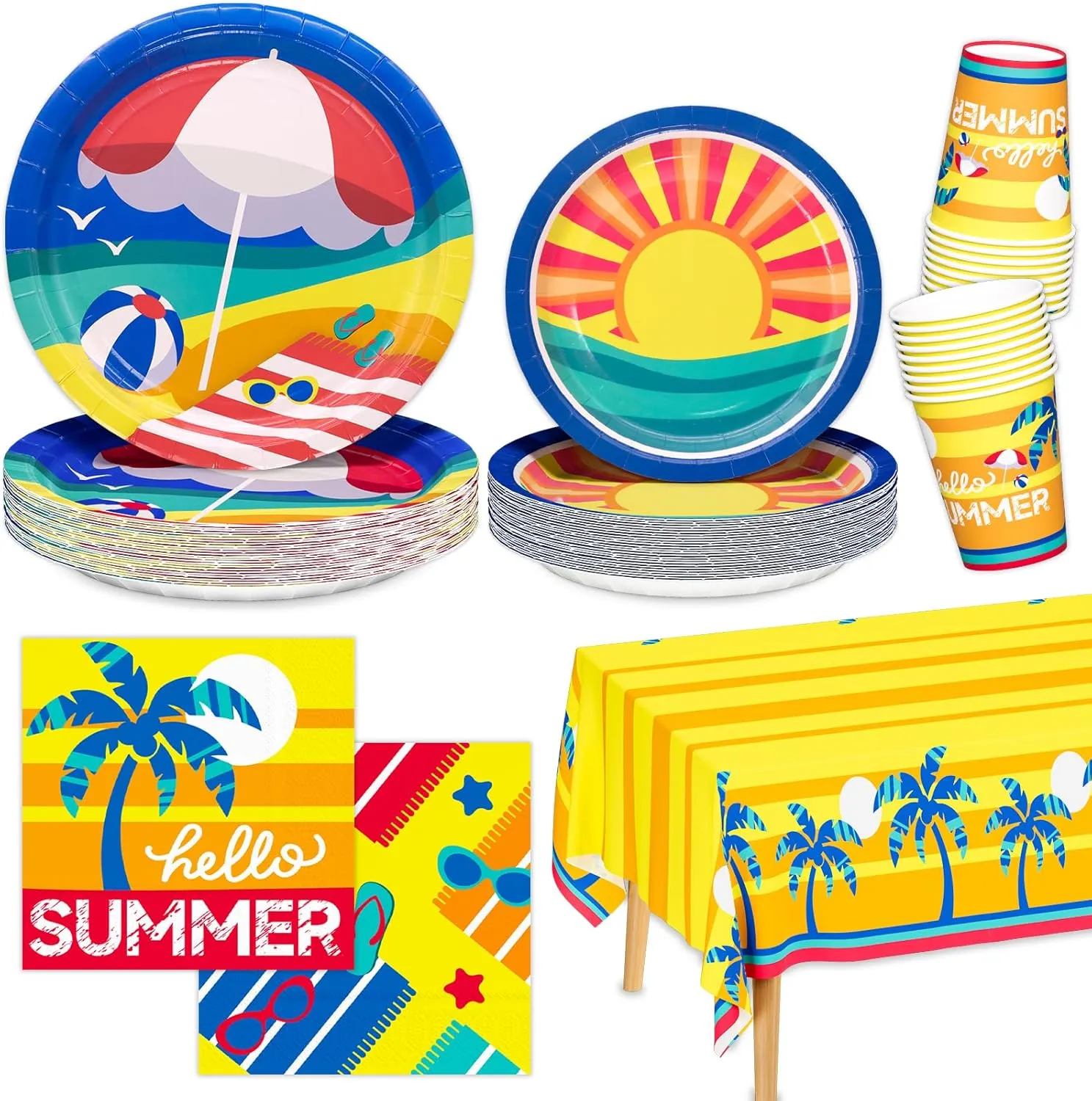 Beach Party Supplies, Hawaiian Beach Disposable Paper Plates Napkins Cups and Tablecloth for Seaside Birthday Summer Vibes Luau Tropical Party, Serve 25