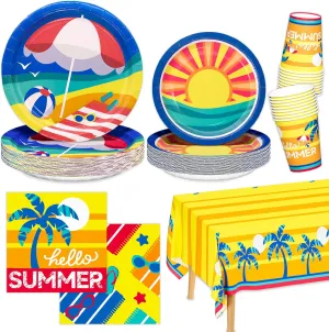 Beach Party Supplies, Hawaiian Beach Disposable Paper Plates Napkins Cups and Tablecloth for Seaside Birthday Summer Vibes Luau Tropical Party, Serve 25