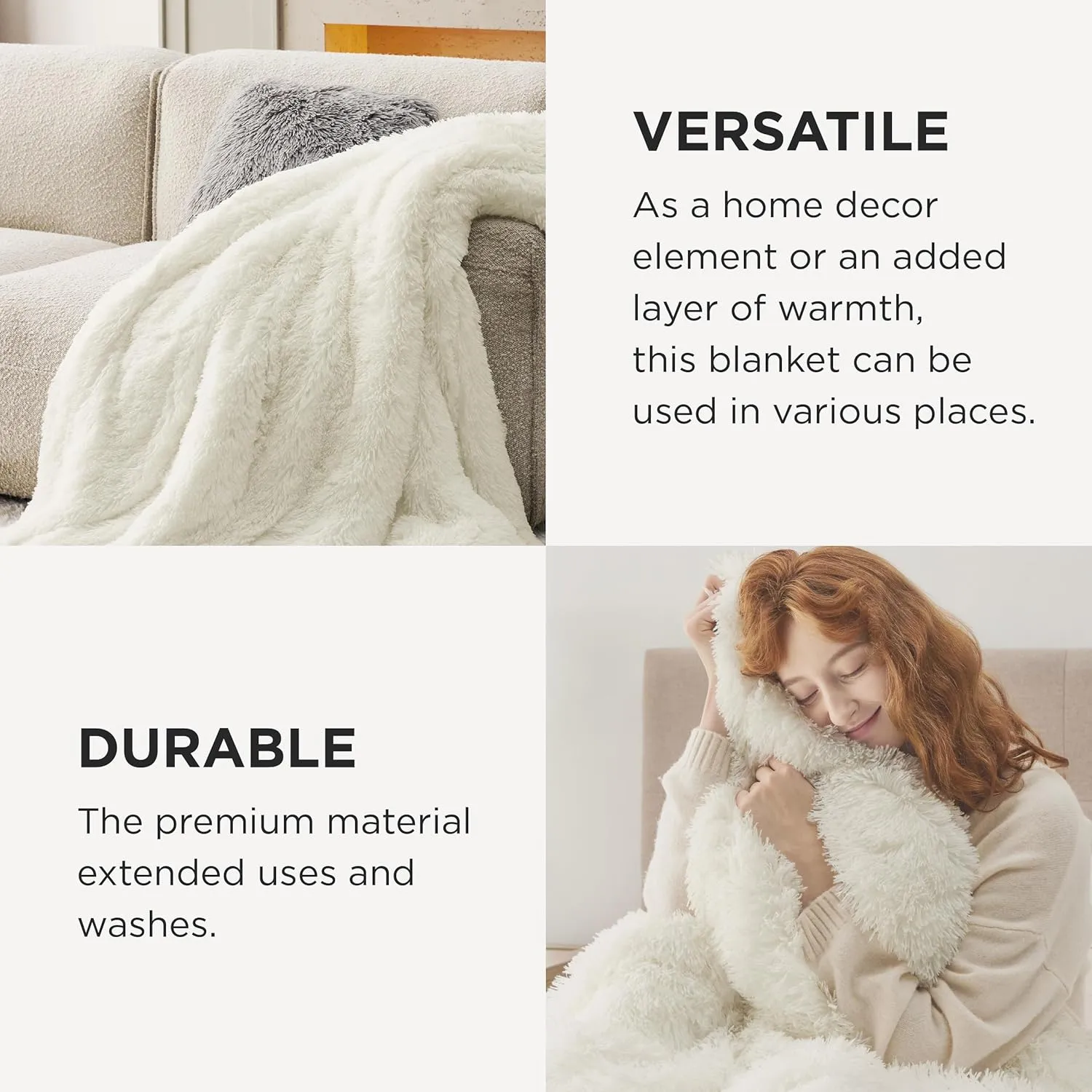 Bedsure Fluffy Cream Throw Blanket Gifts for Women, Men, Soft Fleece Cozy Fuzzy Sherpa Plush Warm Minky Thick Faux Fur Throws for Couch, Bed, Cream Decor House Blanket Gifts for Mom Kids, 50x60