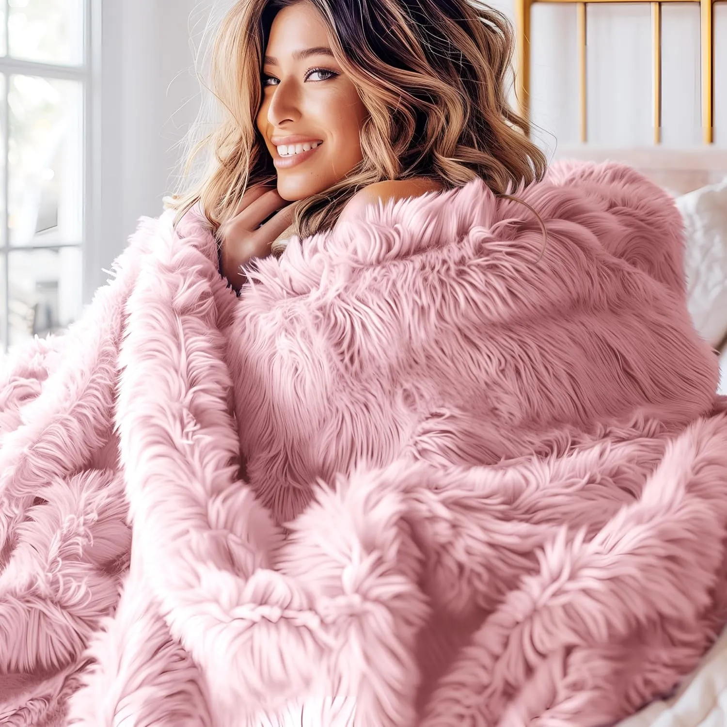 Bedsure Fluffy Pink Throw Blanket Gifts for Women, Girls, Soft Fleece Cozy Fuzzy Sherpa Plush Warm Minky Thick Faux Fur Throws for Couch, Bed, Pink Decor House Blanket Gifts for Her Kids, 50x60