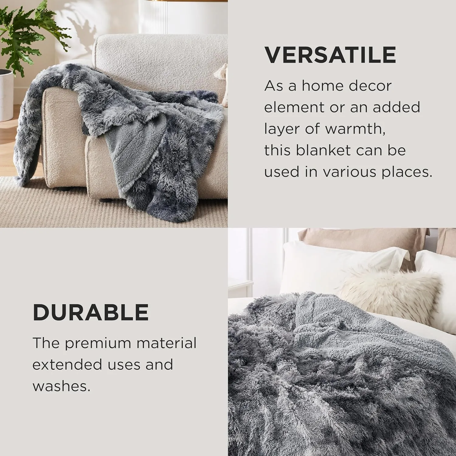 Bedsure Fluffy Throw Blanket Gifts for Women Men, Soft Fleece Sherpa Cozy Fuzzy Plush Warm Minky Thick Faux Fur Throw for Couch, Bed, Home Living Room Decor Spring Blanket Gifts for Mom Dad, Grey