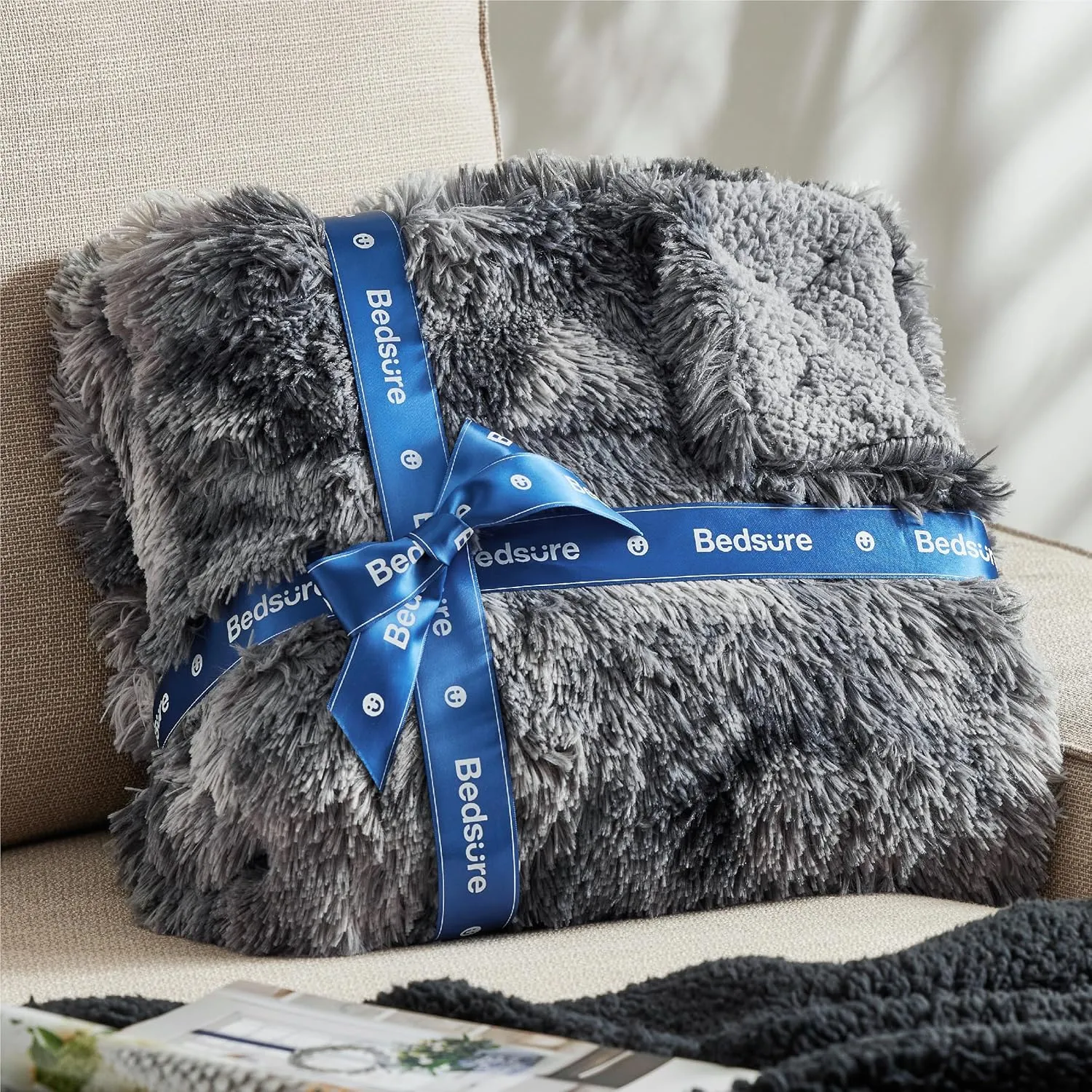 Bedsure Fluffy Throw Blanket Gifts for Women Men, Soft Fleece Sherpa Cozy Fuzzy Plush Warm Minky Thick Faux Fur Throw for Couch, Bed, Home Living Room Decor Spring Blanket Gifts for Mom Dad, Grey