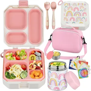 Bento Lunch Box for Kids with 12oz Soup Thermo Leak-Proof Lunch Food Container with 5 Compartment Thermo Hot Food Jar and Insulated Lunch Bag for Kid Toddler Girls Boys to School
