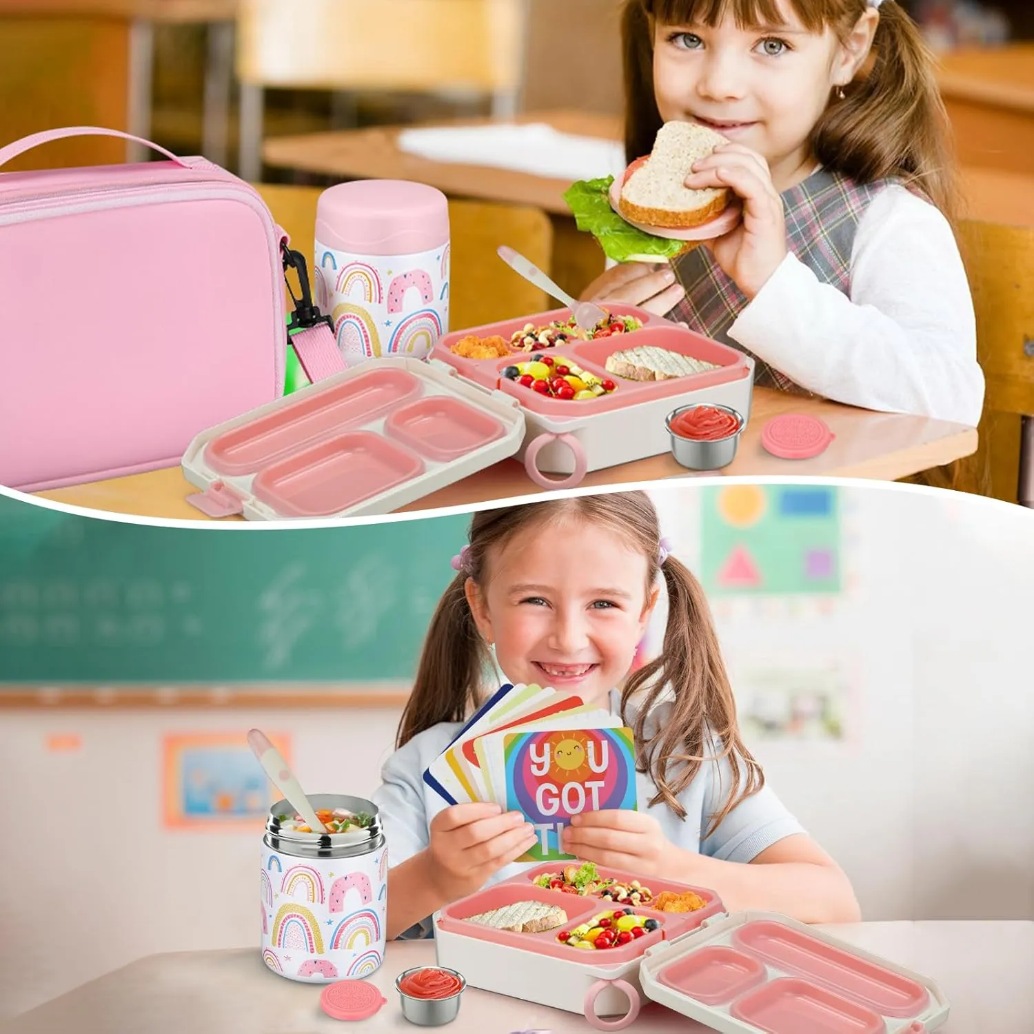 Bento Lunch Box for Kids with 12oz Soup Thermo Leak-Proof Lunch Food Container with 5 Compartment Thermo Hot Food Jar and Insulated Lunch Bag for Kid Toddler Girls Boys to School