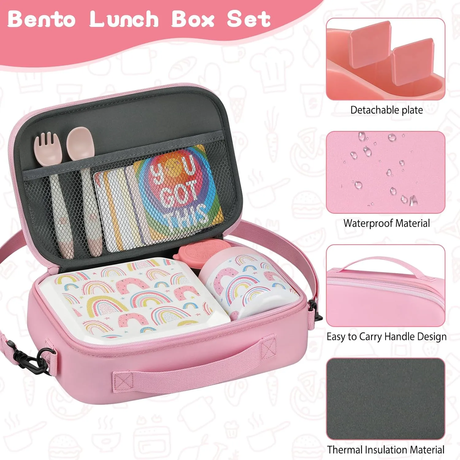Bento Lunch Box for Kids with 12oz Soup Thermo Leak-Proof Lunch Food Container with 5 Compartment Thermo Hot Food Jar and Insulated Lunch Bag for Kid Toddler Girls Boys to School