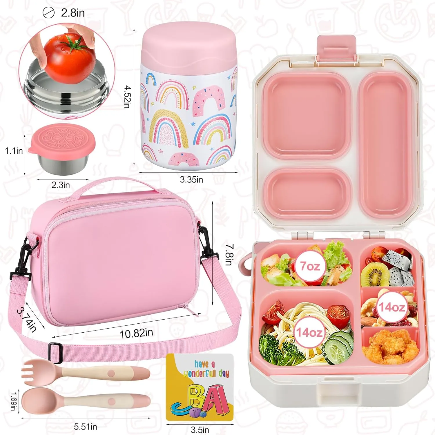 Bento Lunch Box for Kids with 12oz Soup Thermo Leak-Proof Lunch Food Container with 5 Compartment Thermo Hot Food Jar and Insulated Lunch Bag for Kid Toddler Girls Boys to School