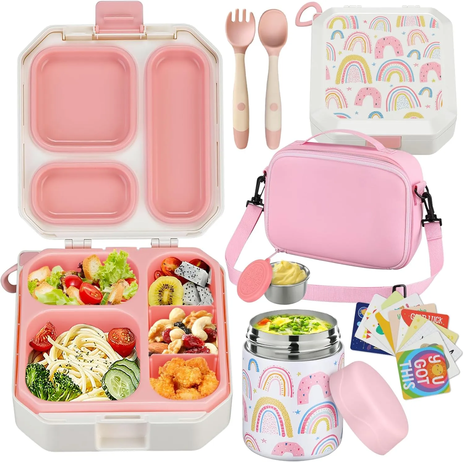 Bento Lunch Box for Kids with 12oz Soup Thermo Leak-Proof Lunch Food Container with 5 Compartment Thermo Hot Food Jar and Insulated Lunch Bag for Kid Toddler Girls Boys to School