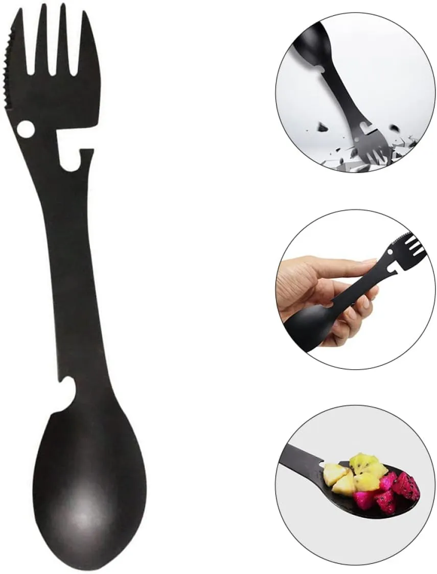 BESPORTBLE 2pcs 5 1 5-in-1 Camping Fork Cork Reusable Cutlery Set Stainless Steel Tableware Compact for Hiking Picnic Outdoor Activity