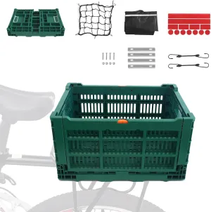 Bike Basket, Foldable 35L Large Capacity Rear Bike Basket, and Durable Bicycle Foldable Rear Basket, Equipped with Waterproof Cover, Fixed Mesh, and Reflective Stickers