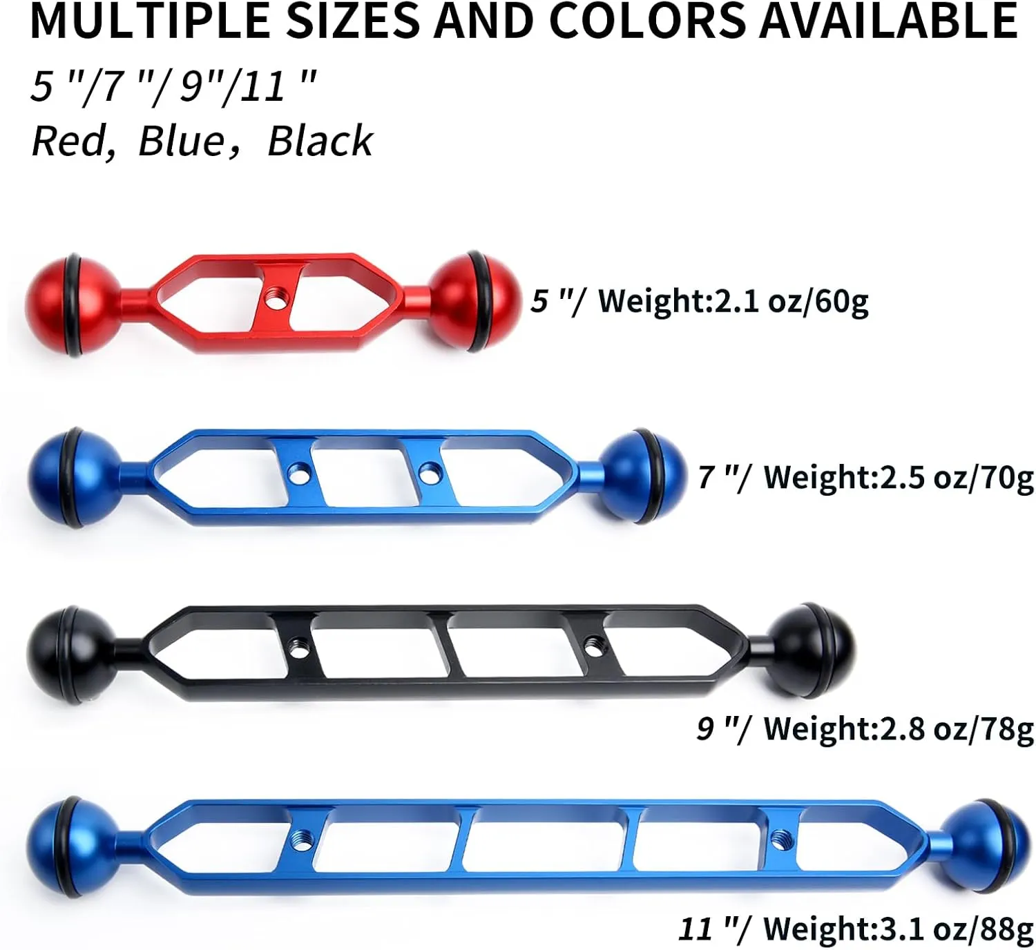 Black 11" Underwater Aluminum Alloy Extension Arm (2Pack) - Dual Ball System with 1" Head Connector, Waterproof & Rustproof for Diving Camera Tray/Strobe/Video Light, Scuba Photography Gear
