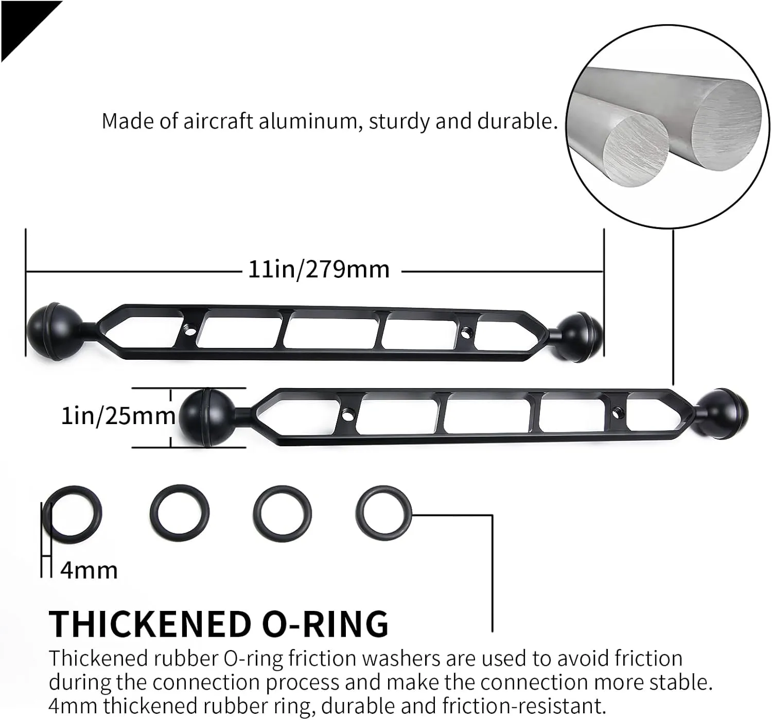 Black 11" Underwater Aluminum Alloy Extension Arm (2Pack) - Dual Ball System with 1" Head Connector, Waterproof & Rustproof for Diving Camera Tray/Strobe/Video Light, Scuba Photography Gear