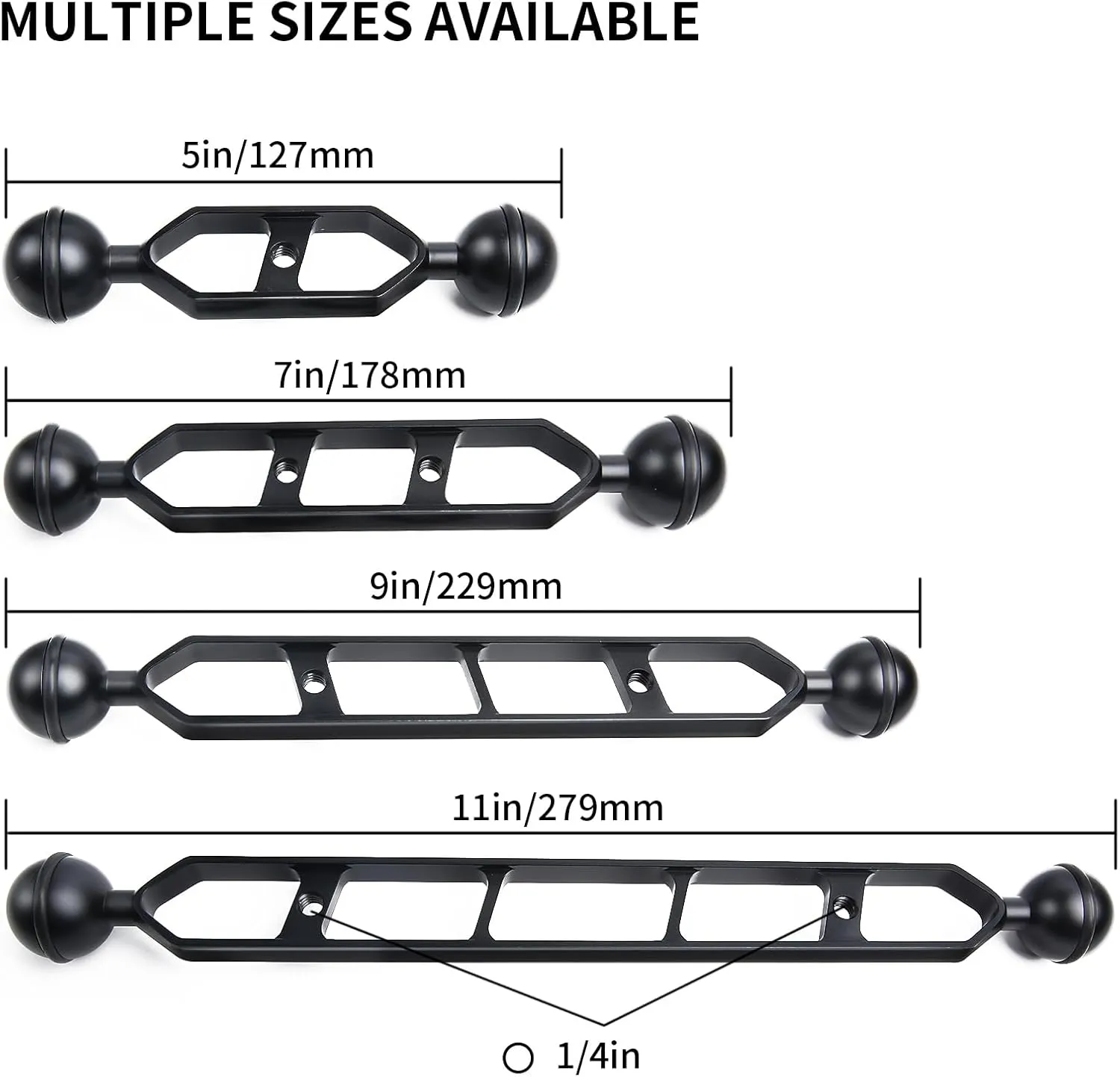 Black 11" Underwater Aluminum Alloy Extension Arm (2Pack) - Dual Ball System with 1" Head Connector, Waterproof & Rustproof for Diving Camera Tray/Strobe/Video Light, Scuba Photography Gear