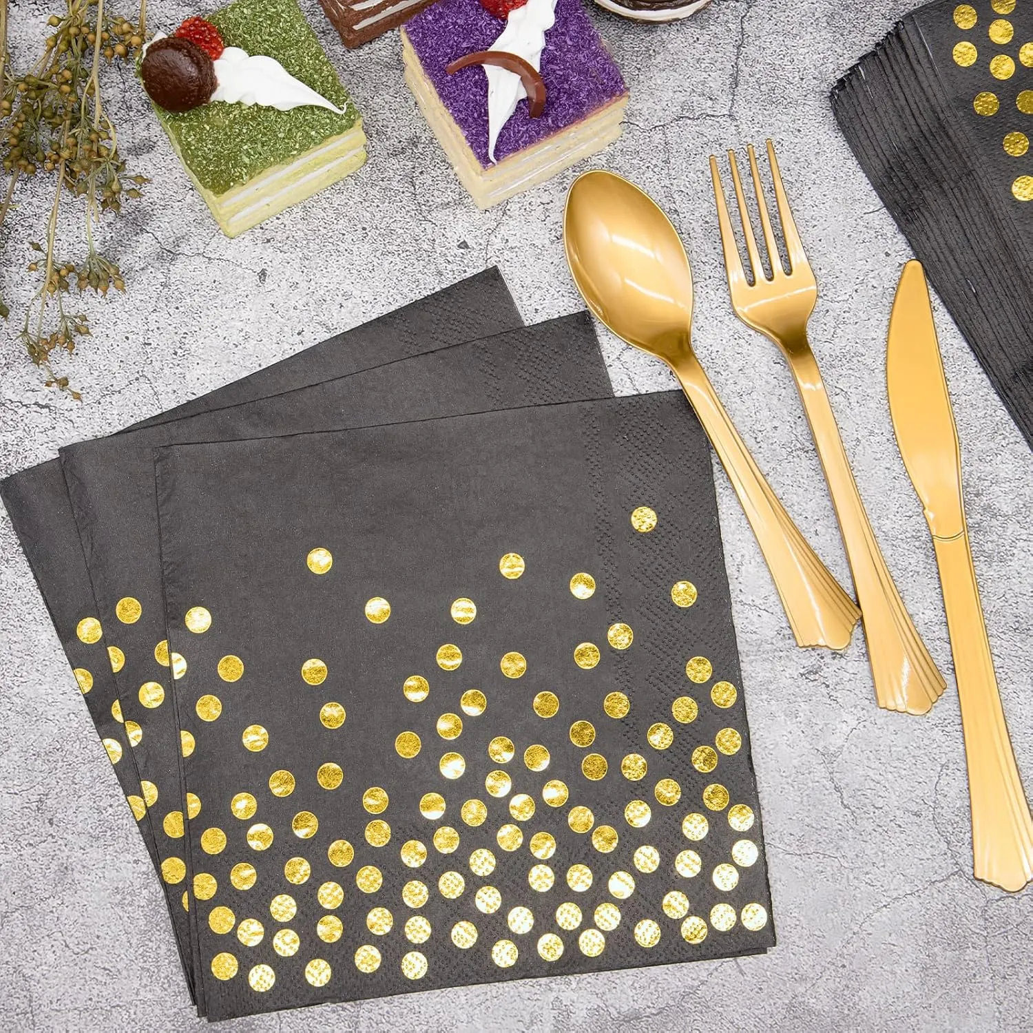 Black and Gold Party Supplies, 350PCS Disposable Dinnerware Set with Black Gold Dot Paper Plates Napkin Cup Plastic Forks Knives Spoon for Women Men Birthday Easter Retirement Weeding Party Decoration