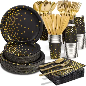 Black and Gold Party Supplies, 350PCS Disposable Dinnerware Set with Black Gold Dot Paper Plates Napkin Cup Plastic Forks Knives Spoon for Women Men Birthday Easter Retirement Weeding Party Decoration