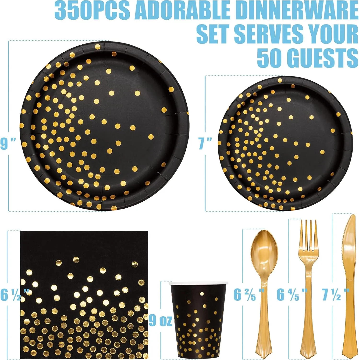 Black and Gold Party Supplies, 350PCS Disposable Dinnerware Set with Black Gold Dot Paper Plates Napkin Cup Plastic Forks Knives Spoon for Women Men Birthday Easter Retirement Weeding Party Decoration