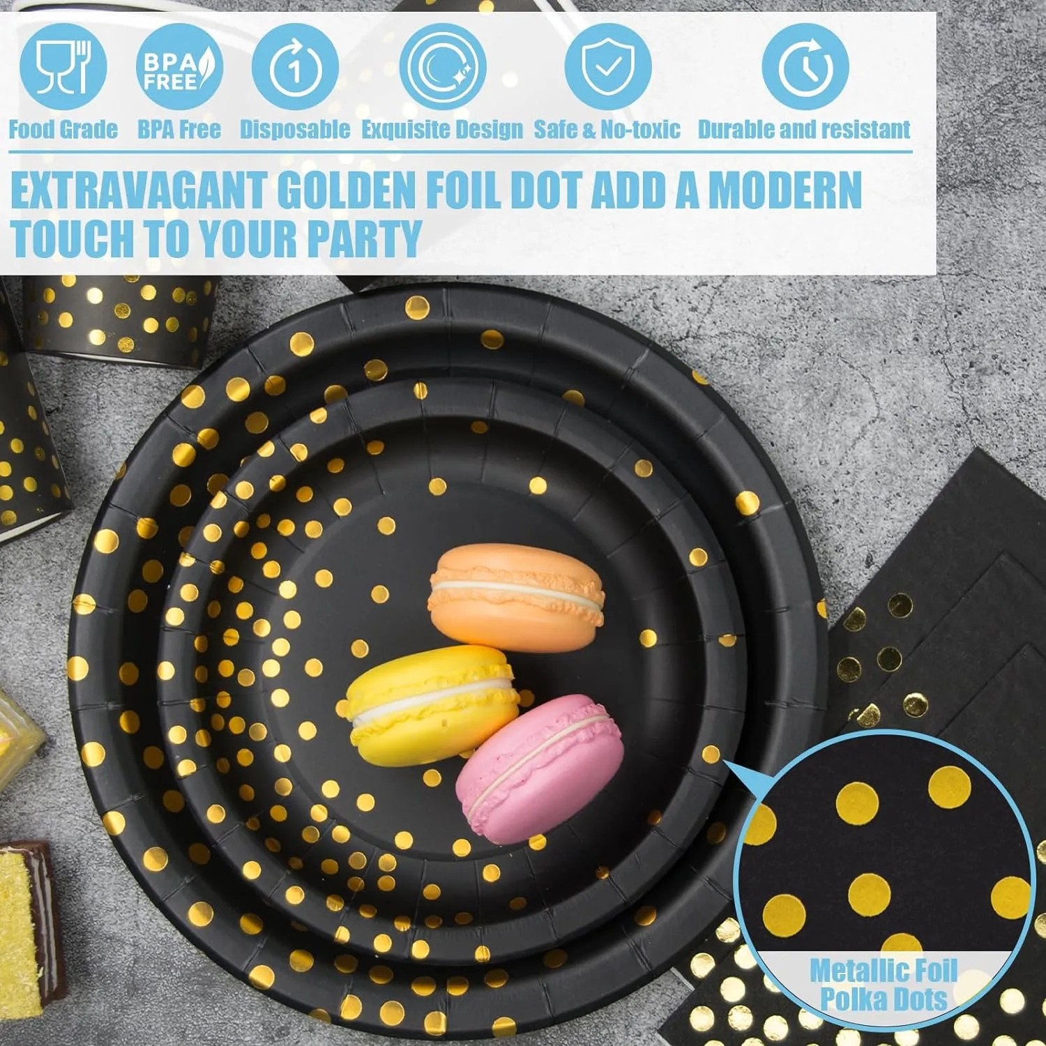 Black and Gold Party Supplies, 350PCS Disposable Dinnerware Set with Black Gold Dot Paper Plates Napkin Cup Plastic Forks Knives Spoon for Women Men Birthday Easter Retirement Weeding Party Decoration