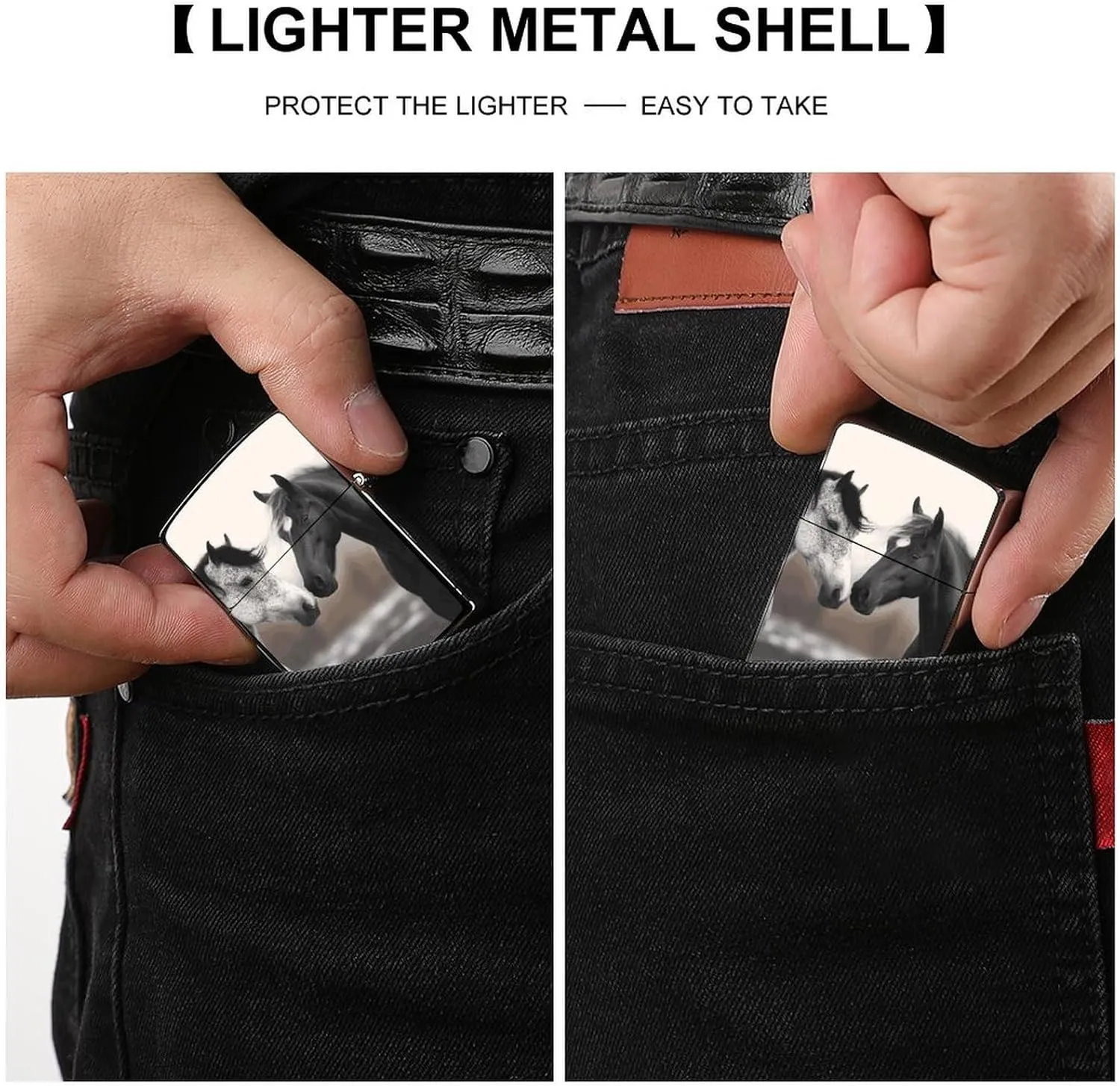 Black and White HorsesLighter Case Waterproof Lighter Sleeve Lighters Protective Cover with Graffiti Design