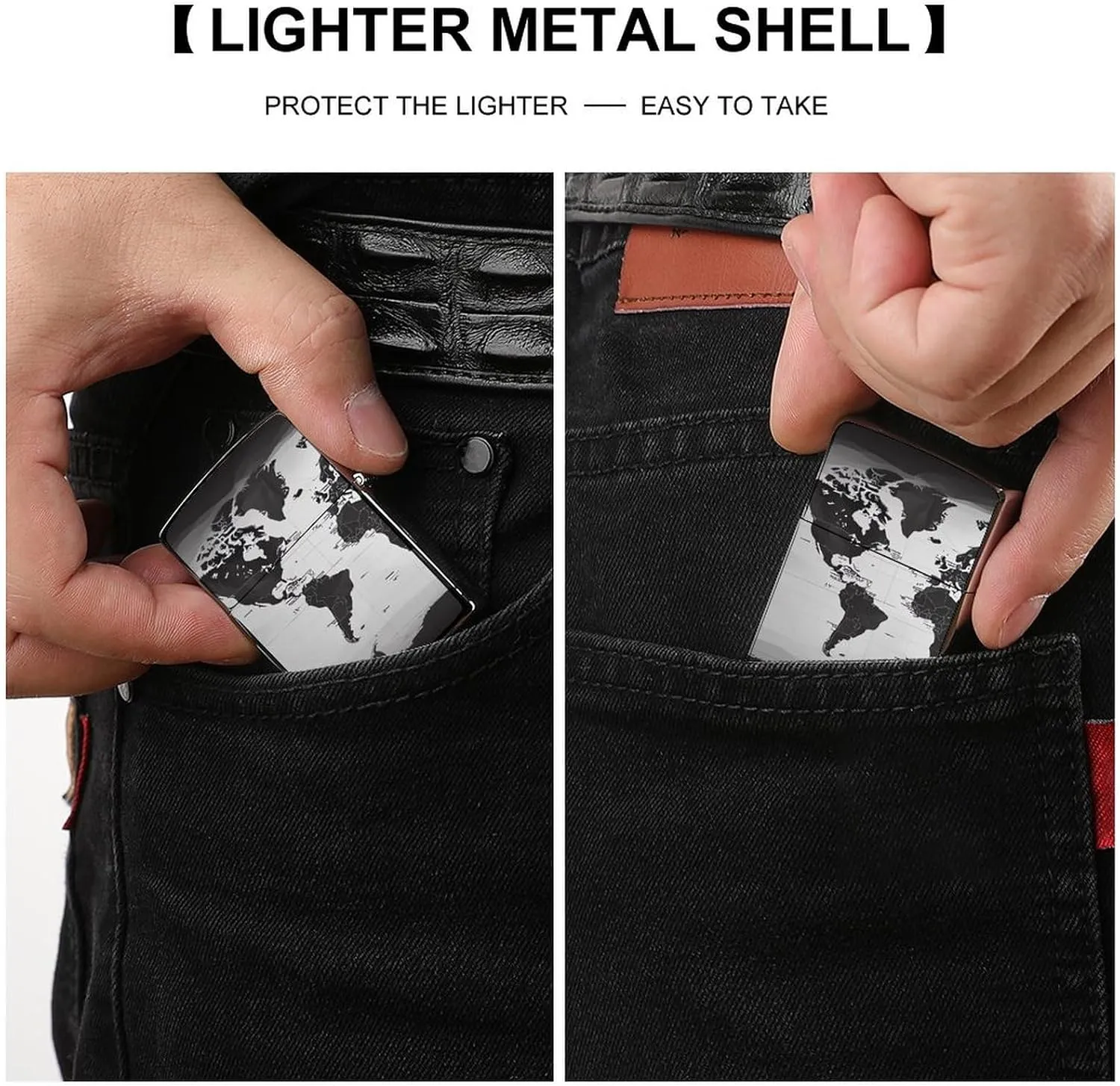 Black and White World Map Lighter Case Double-Sided Graffiti Lighter Holder - Metal Lighters Protective Cover, Universal Fit for Standard Lighters, Stylish Gift for Men & Women