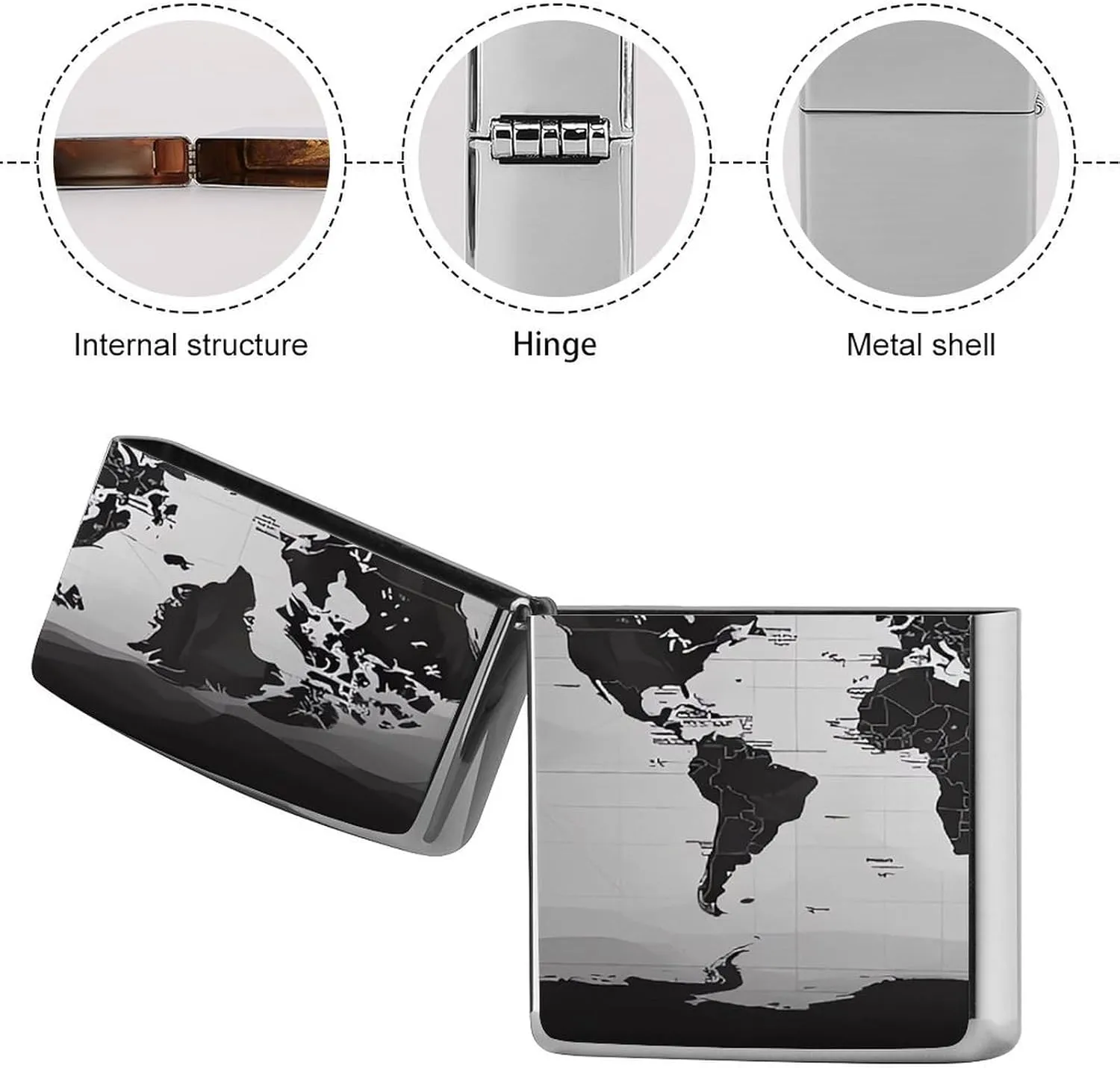 Black and White World Map Lighter Case Double-Sided Graffiti Lighter Holder - Metal Lighters Protective Cover, Universal Fit for Standard Lighters, Stylish Gift for Men & Women