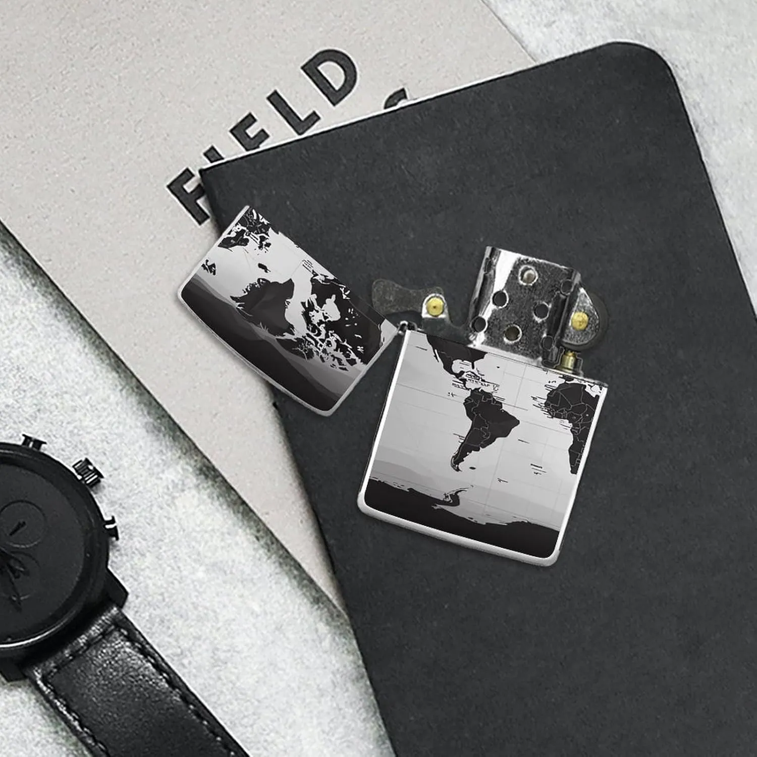 Black and White World Map Lighter Case Double-Sided Graffiti Lighter Holder - Metal Lighters Protective Cover, Universal Fit for Standard Lighters, Stylish Gift for Men & Women