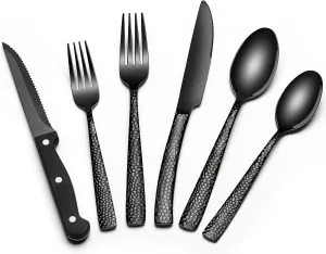 Black Hammered Silverware Set with Steak Knives, 24-Piece Stainless Steel Wave Flatware Set for 4, Food-Grade Tableware Cutlery Set, Utensil Sets for Home Restaurant, Mirror Finish, Dishwasher Safe