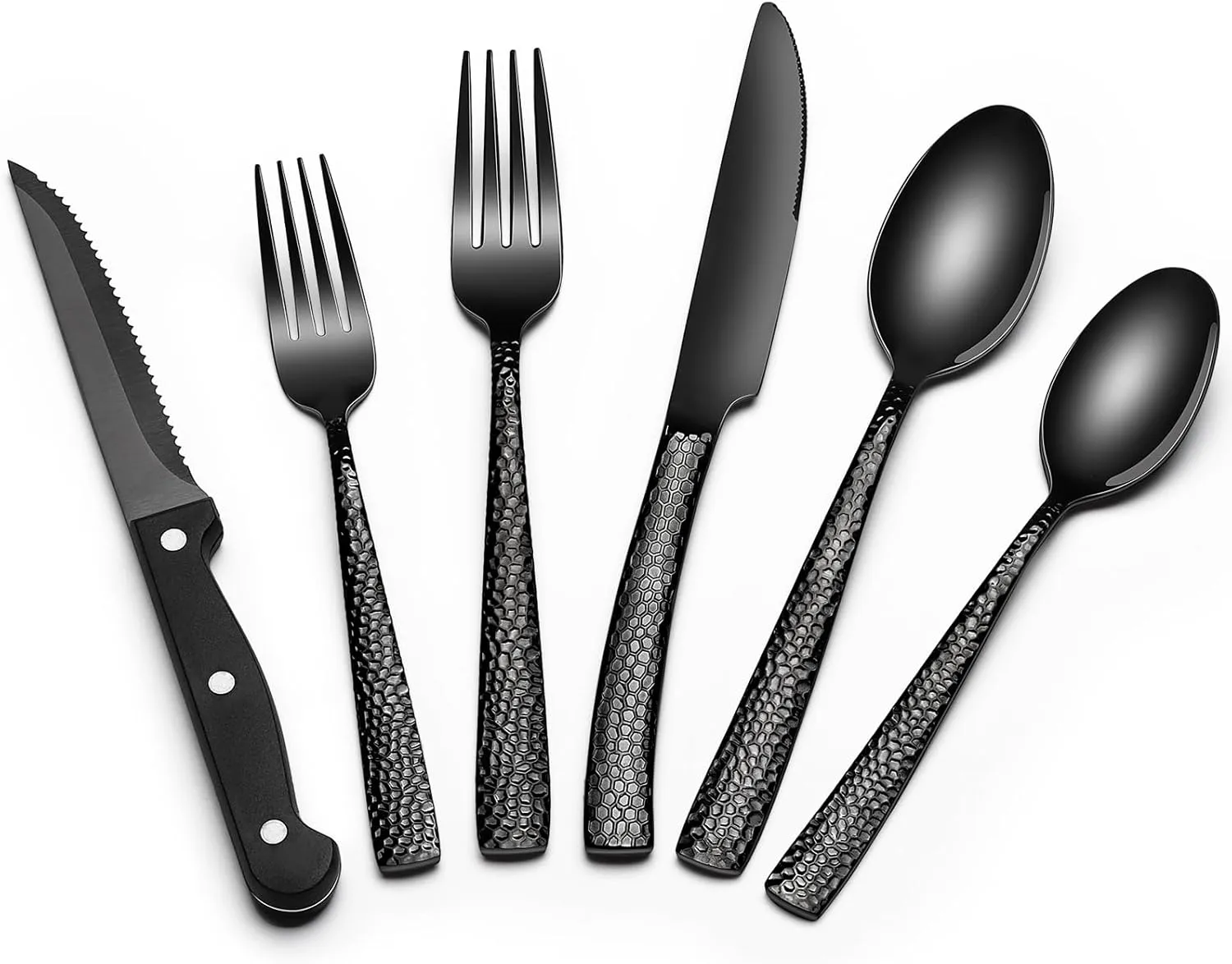 Black Hammered Silverware Set with Steak Knives, 24-Piece Stainless Steel Wave Flatware Set for 4, Food-Grade Tableware Cutlery Set, Utensil Sets for Home Restaurant, Mirror Finish, Dishwasher Safe