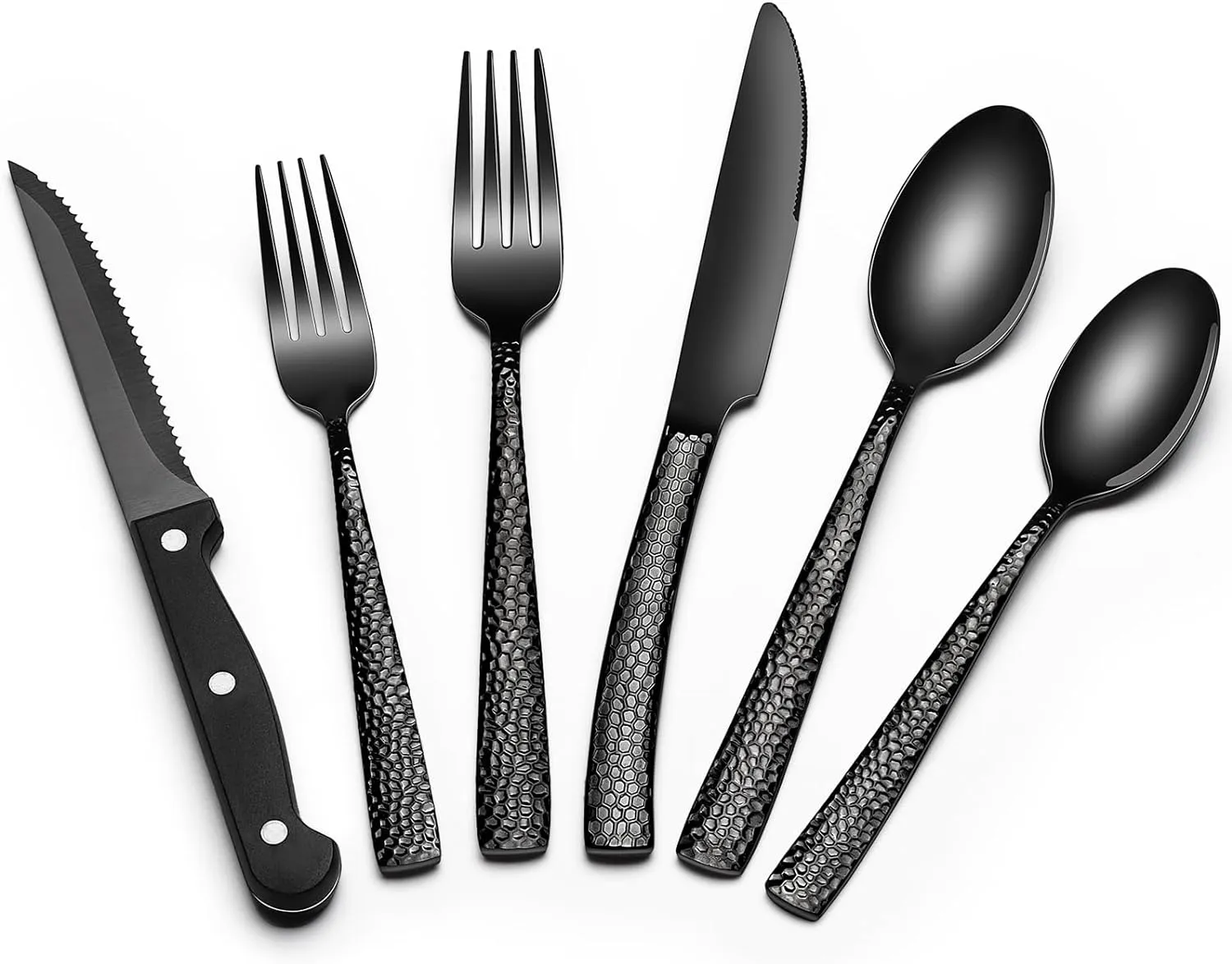 Black Hammered Silverware Set with Steak Knives, 24-Piece Stainless Steel Wave Flatware Set for 4, Food-Grade Tableware Cutlery Set, Utensil Sets for Home Restaurant, Mirror Finish, Dishwasher Safe