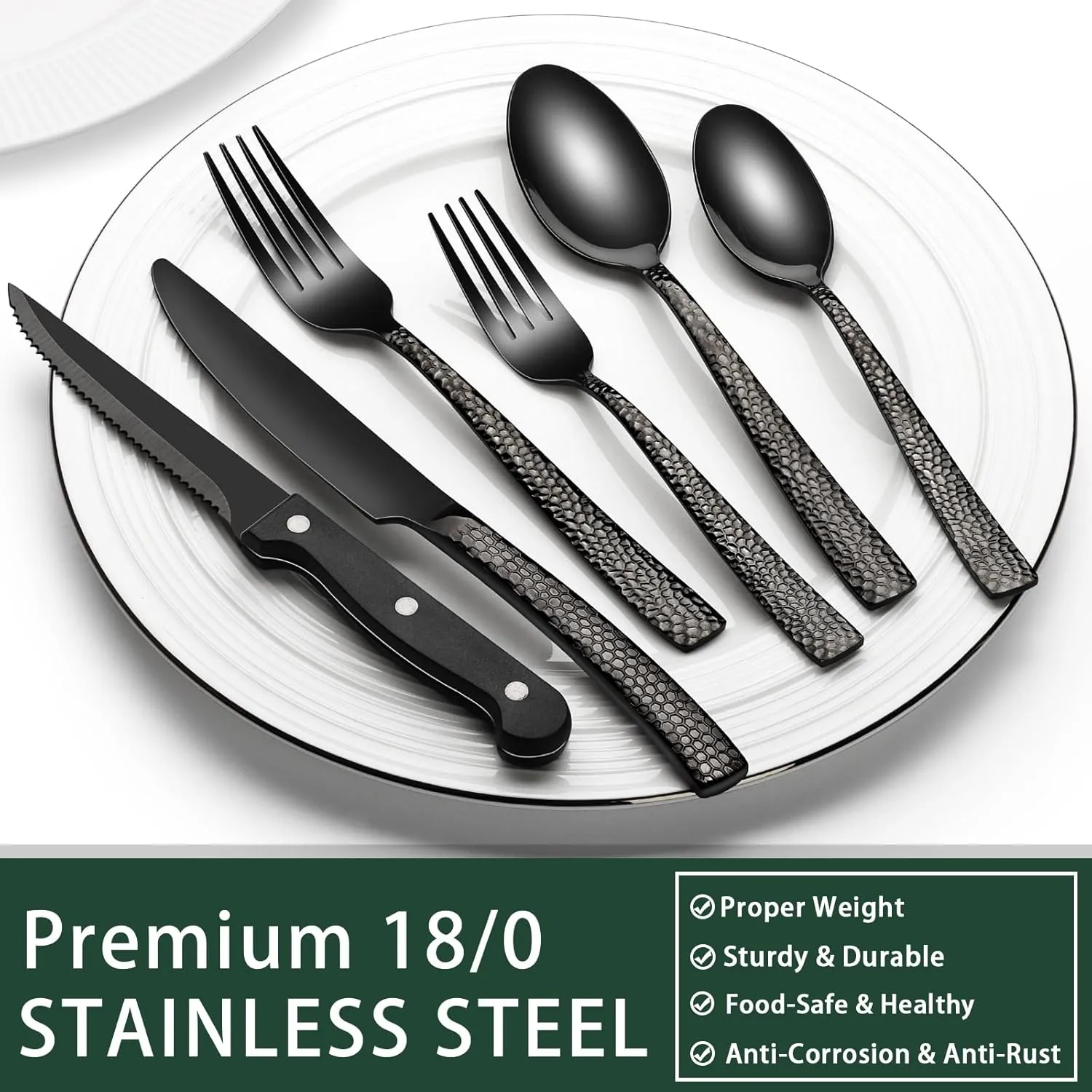 Black Hammered Silverware Set with Steak Knives, 24-Piece Stainless Steel Wave Flatware Set for 4, Food-Grade Tableware Cutlery Set, Utensil Sets for Home Restaurant, Mirror Finish, Dishwasher Safe