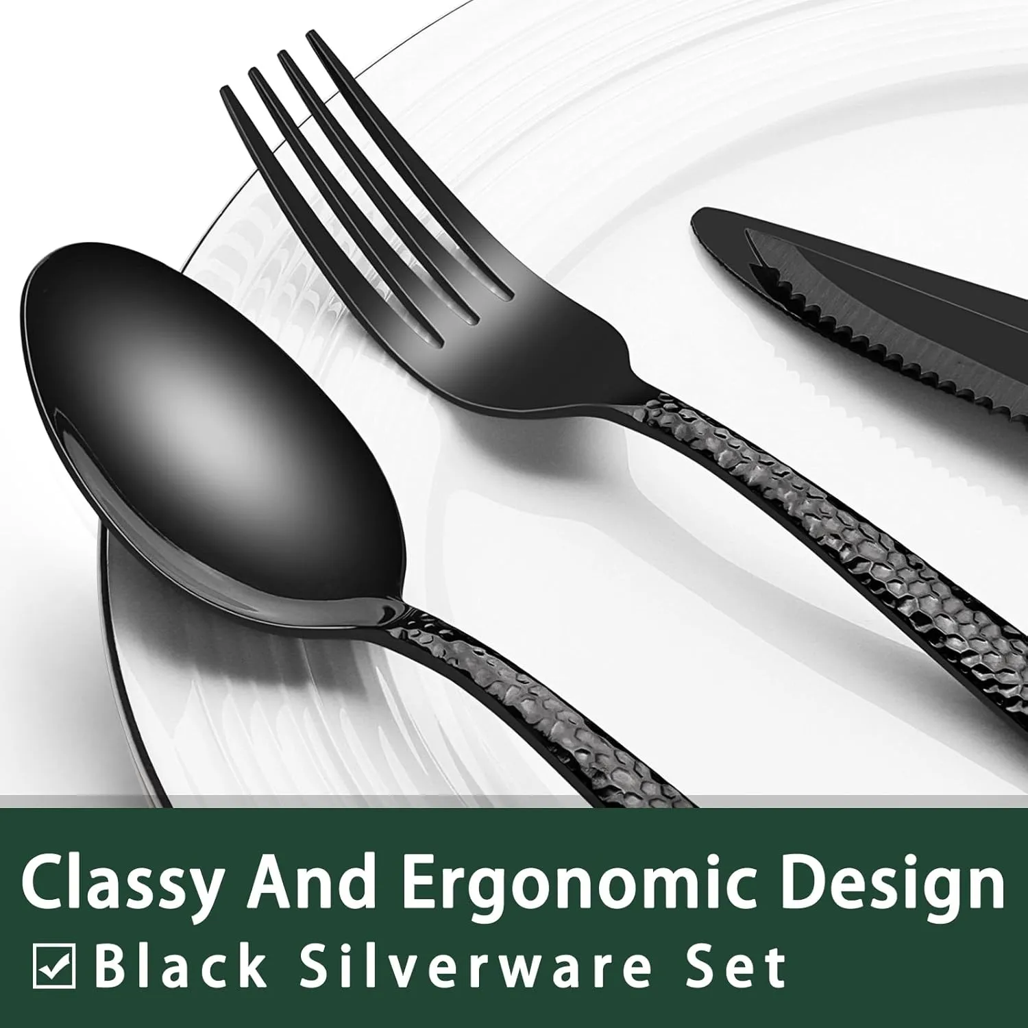 Black Hammered Silverware Set with Steak Knives, 24-Piece Stainless Steel Wave Flatware Set for 4, Food-Grade Tableware Cutlery Set, Utensil Sets for Home Restaurant, Mirror Finish, Dishwasher Safe