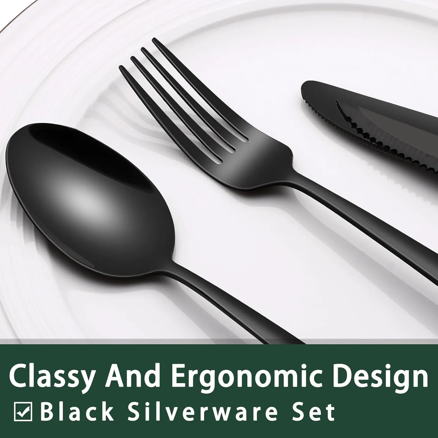 Black Heavy Duty Silverware Set, 24-Piece Stainless Steel Flatware Set with Steak Knives for 4, Food-Grade Tableware Cutlery Set, Utensil Sets for Home Restaurant, Mirror Finish, Dishwasher Safe