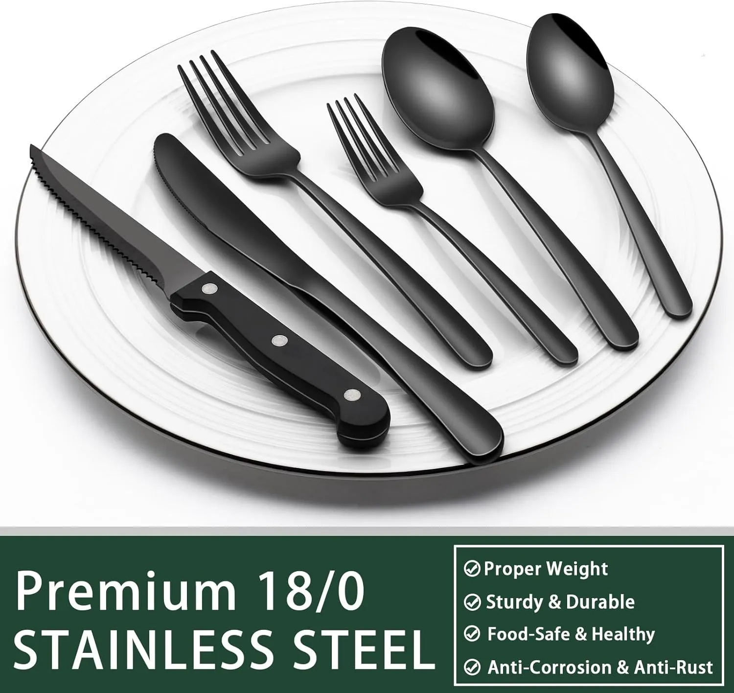 Black Heavy Duty Silverware Set, 24-Piece Stainless Steel Flatware Set with Steak Knives for 4, Food-Grade Tableware Cutlery Set, Utensil Sets for Home Restaurant, Mirror Finish, Dishwasher Safe