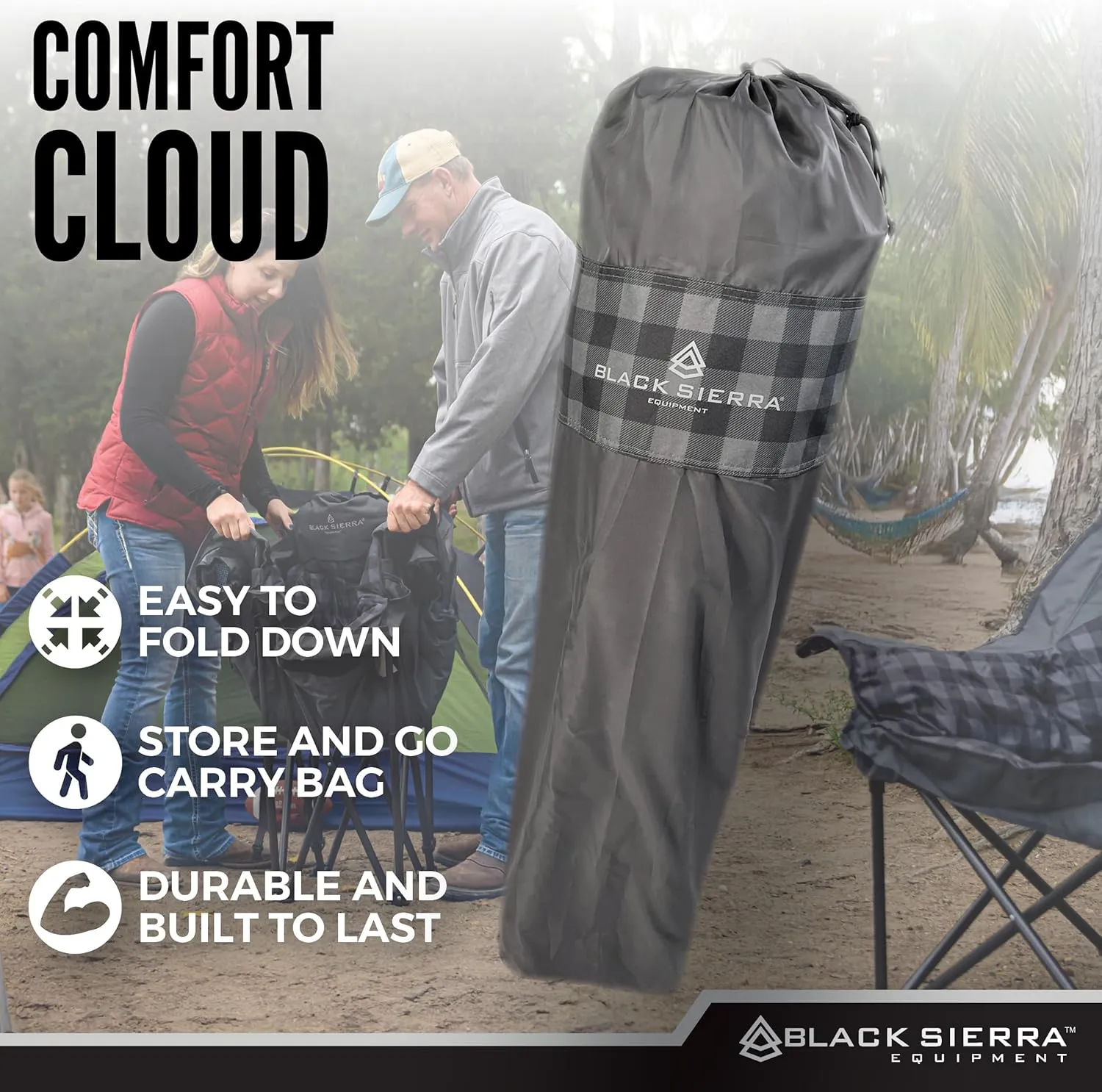 Black Sierra Oversized Camping Chair for Adults, Heavy Duty Outdoor Seat with Plush Padding, Supports 400lbs, Cup Holder & Carry Bag, Comfortable Folding Chair for Tailgating, Patio, & Sideline Events