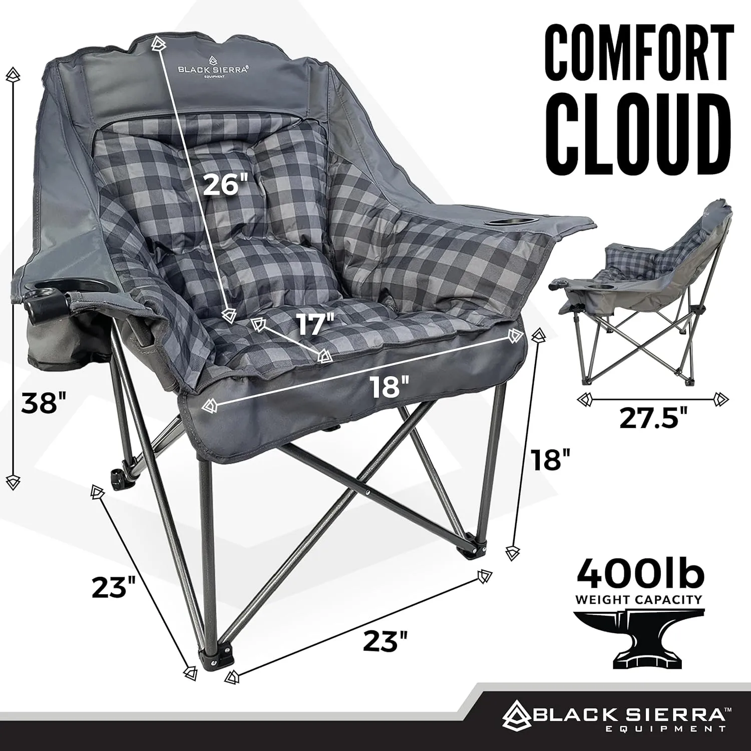 Black Sierra Oversized Camping Chair for Adults, Heavy Duty Outdoor Seat with Plush Padding, Supports 400lbs, Cup Holder & Carry Bag, Comfortable Folding Chair for Tailgating, Patio, & Sideline Events