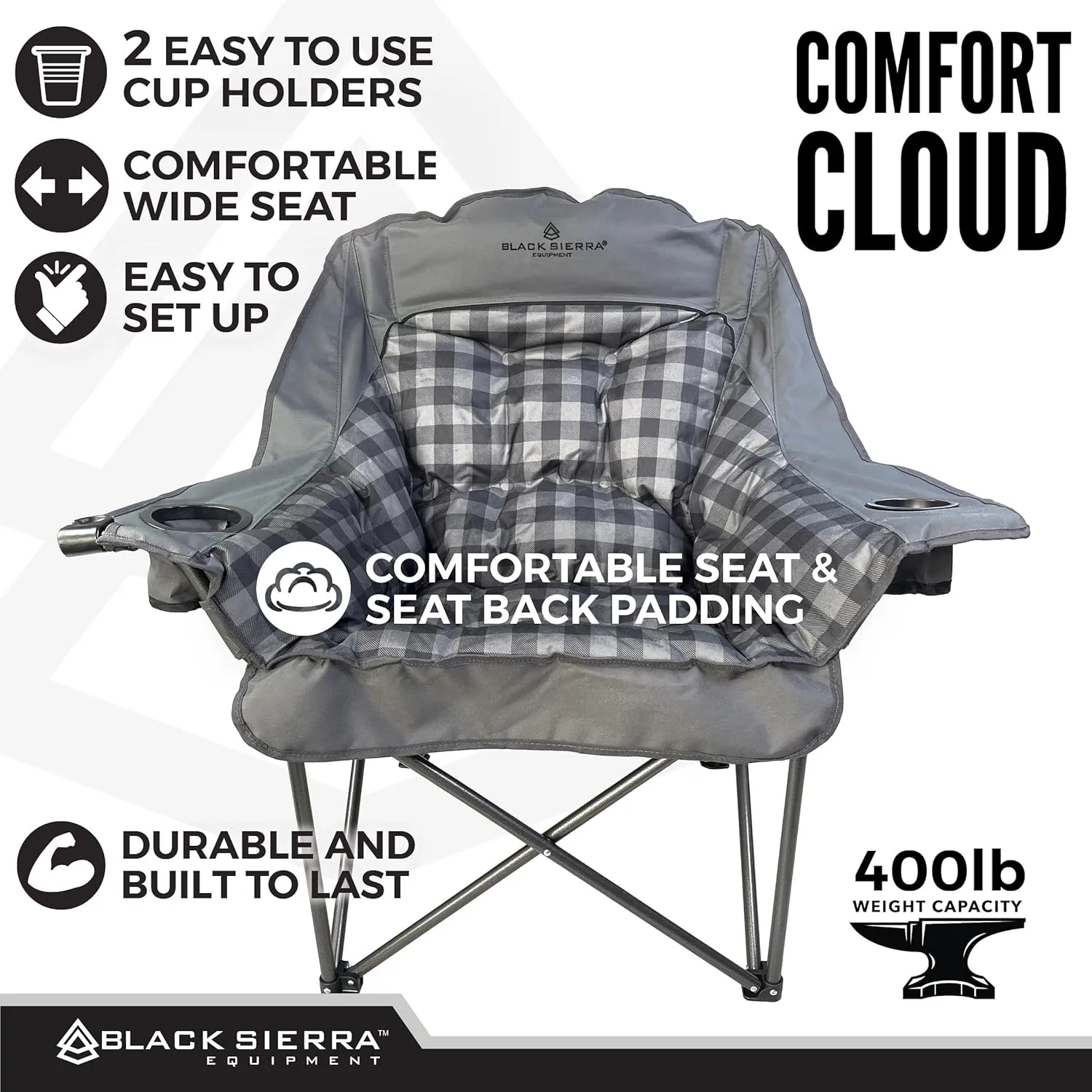 Black Sierra Oversized Camping Chair for Adults, Heavy Duty Outdoor Seat with Plush Padding, Supports 400lbs, Cup Holder & Carry Bag, Comfortable Folding Chair for Tailgating, Patio, & Sideline Events