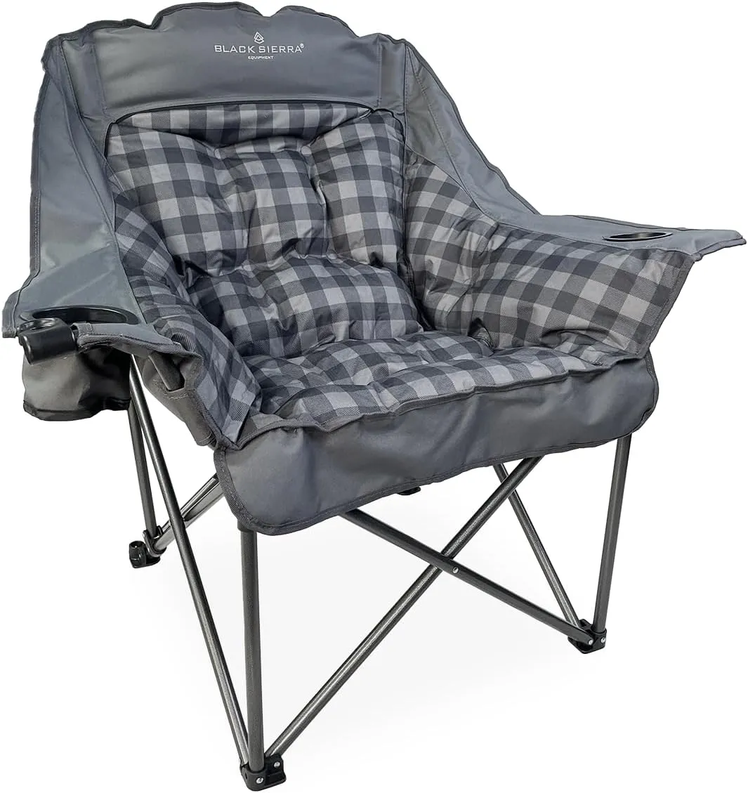 Black Sierra Oversized Camping Chair for Adults, Heavy Duty Outdoor Seat with Plush Padding, Supports 400lbs, Cup Holder & Carry Bag, Comfortable Folding Chair for Tailgating, Patio, & Sideline Events