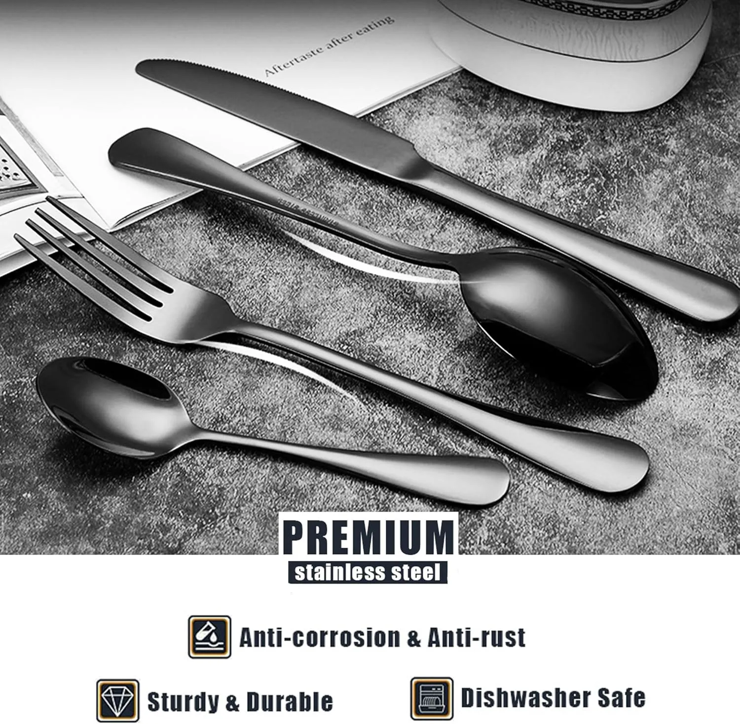 Black Silverware Set 40pcs Stainless Steel flatware Dinnerware Set, Black Tableware Set for 8, 40 piece flatware Set Service for 8, Mirror Finish Black Cutlery Set (Black 40)