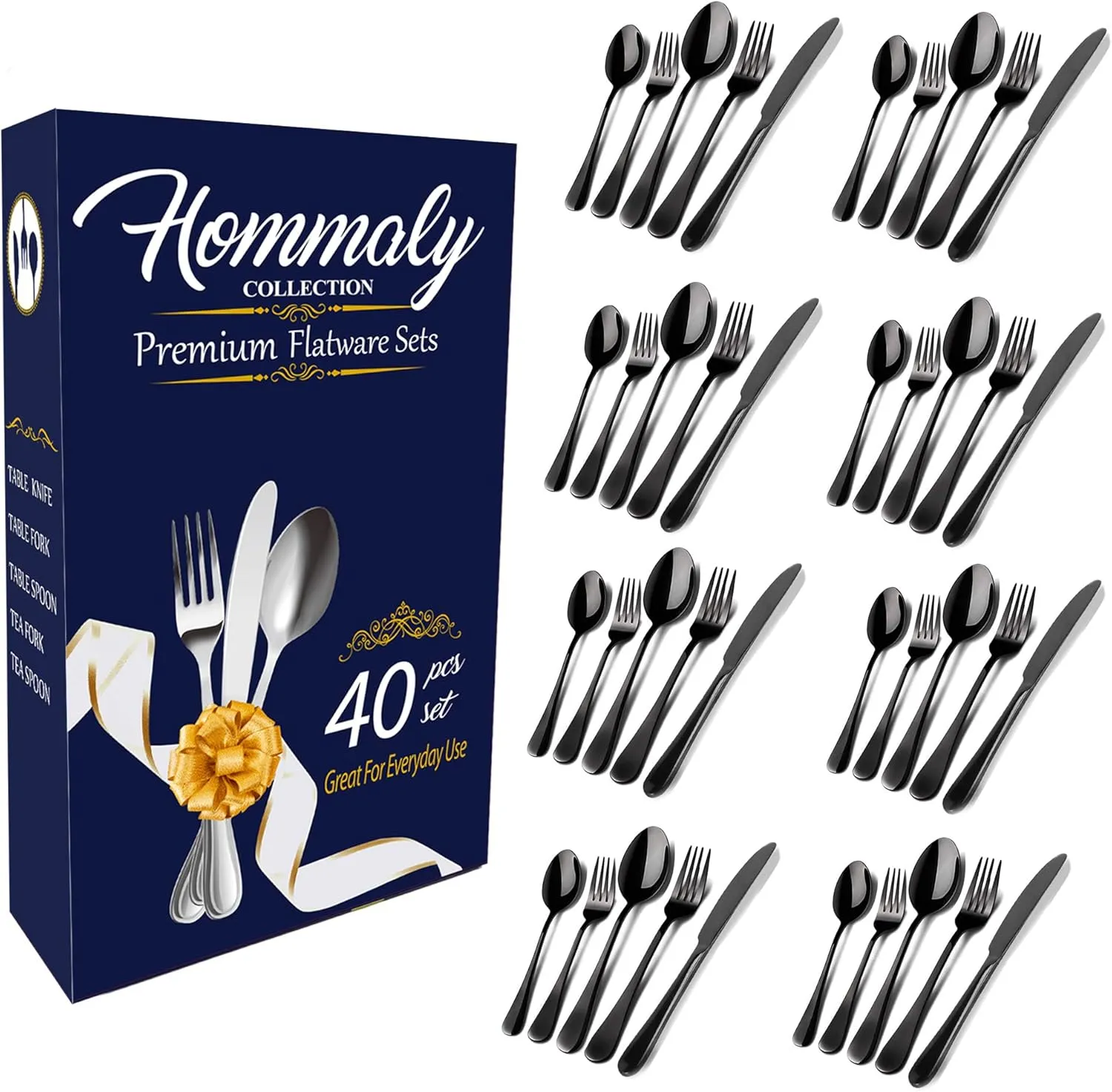 Black Silverware Set 40pcs Stainless Steel flatware Dinnerware Set, Black Tableware Set for 8, 40 piece flatware Set Service for 8, Mirror Finish Black Cutlery Set (Black 40)