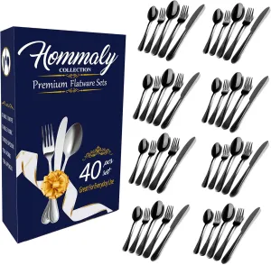 Black Silverware Set 40pcs Stainless Steel flatware Dinnerware Set, Black Tableware Set for 8, 40 piece flatware Set Service for 8, Mirror Finish Black Cutlery Set (Black 40)