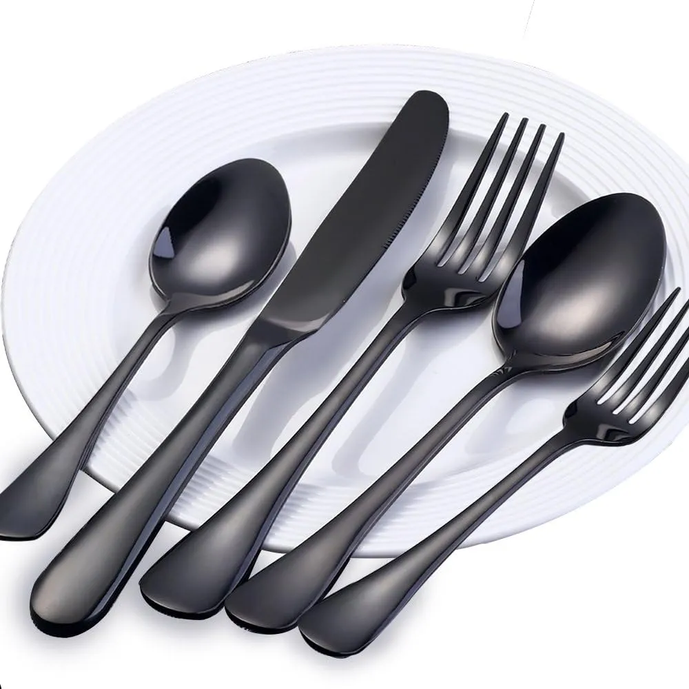 Black Silverware Set 40pcs Stainless Steel flatware Dinnerware Set, Black Tableware Set for 8, 40 piece flatware Set Service for 8, Mirror Finish Black Cutlery Set (Black 40)